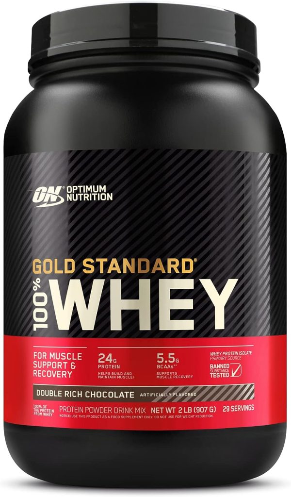 Optimum Nutrition Gold Standard 100% Whey Muscle Building and Recovery Protein Powder With Naturally Occurring Glutamine and BCAA Amino Acids, Double Rich Chocolate Flavour, 29 Servings, 899 g