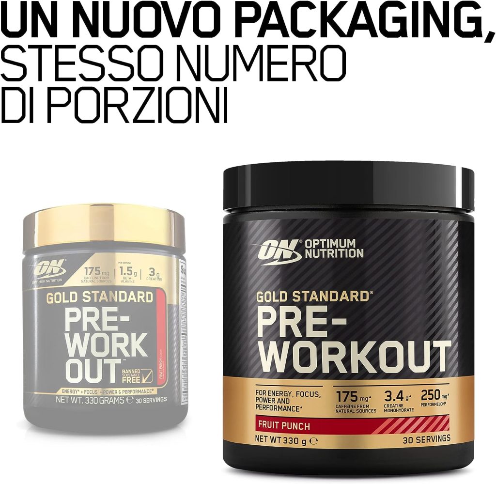 Optimum Nutrition Gold Standard Pre Workout Powder, Energy Drink with Creatine Monohydrate, Beta Alanine, Caffeine and Vitamin B Complex, Nutrition Supplement, Fruit Punch Flavour, 30 Servings, 330 g