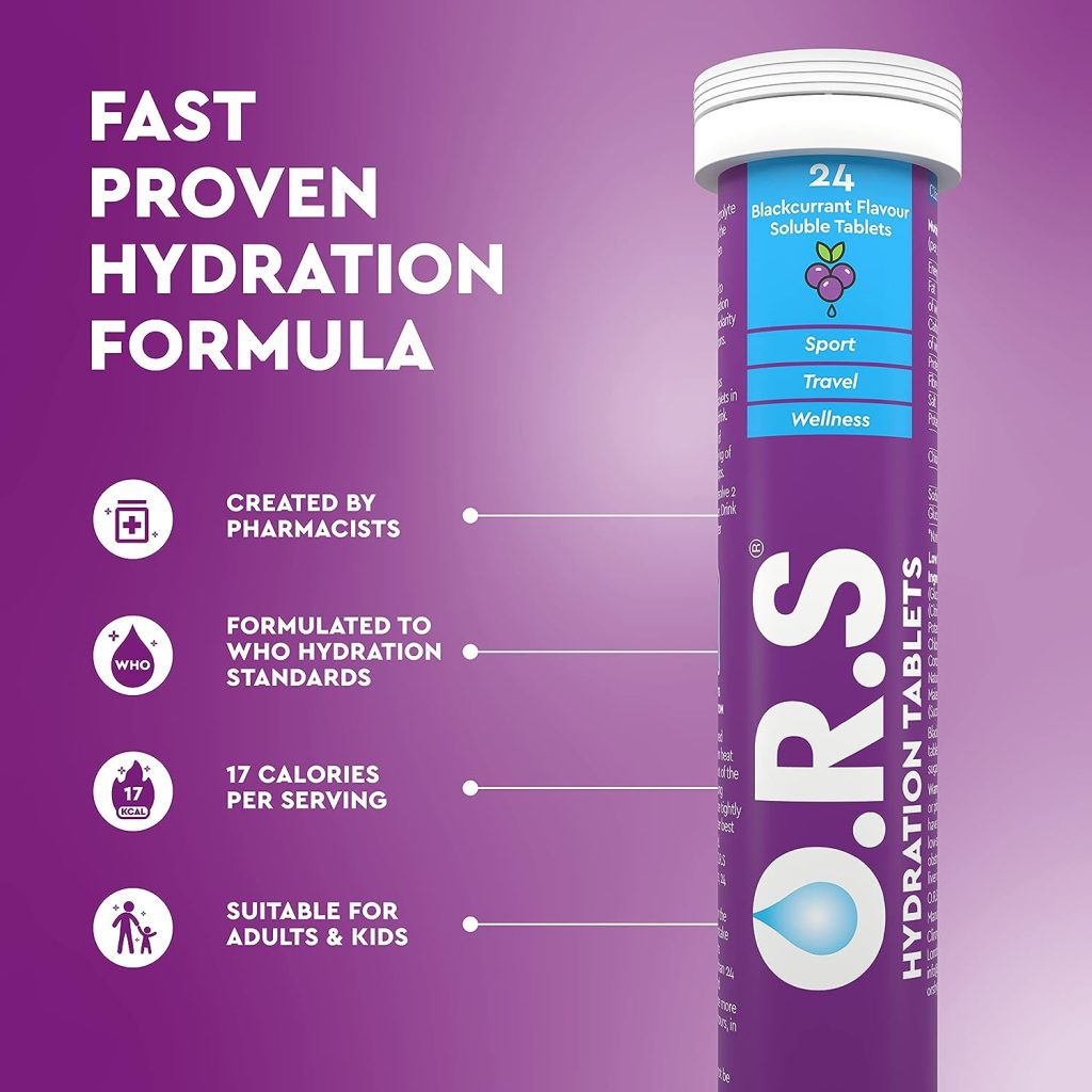 O.R.S Hydration Tablets with Electrolytes, Vegan, Gluten and Lactose Free Formula – Soluble Sports Hydration Tablets with Natural Blackcurrant Flavour, 24 Count (Pack of 1)