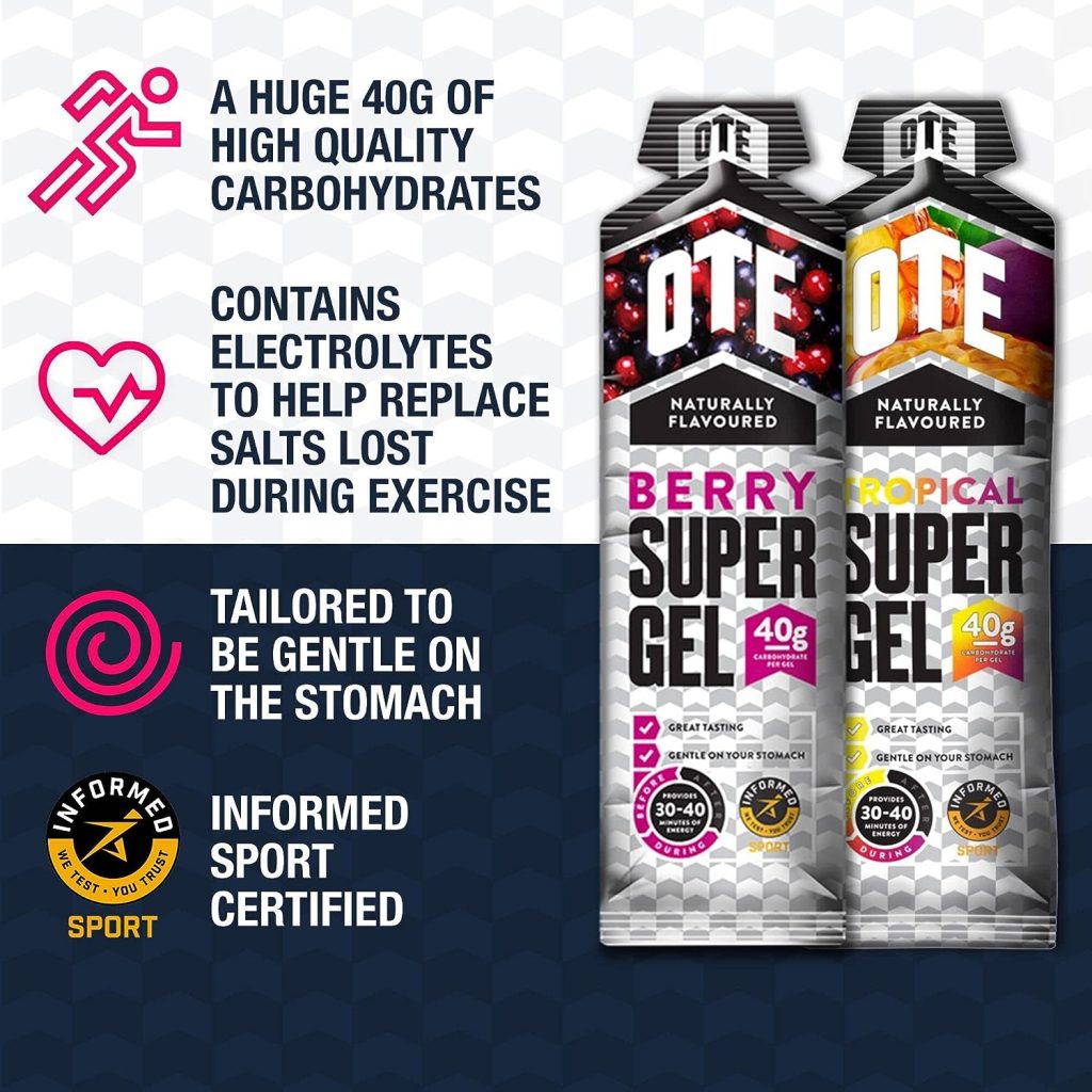 OTE Super Gel - Energy Gels for Running  Cycling - Dual Source Energy with 40g of Carbohydrates - Superior Glucose Fuel for Swimming, Triathlons  Endurance Sports - Box of 12 (Tropical) : Amazon.co.uk: Health  Personal Care