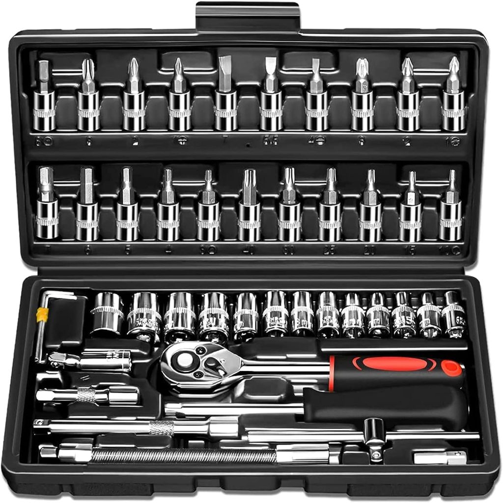 WAIZHIUA 46Pcs Socket Wrench Set, 1/4 Drive Socket Wrench Driver Bits Set Metric Tool Kit with Flexible Extension Rods, Quick Release Reversible Ratchet, Wrench Handle for Home Car Repair