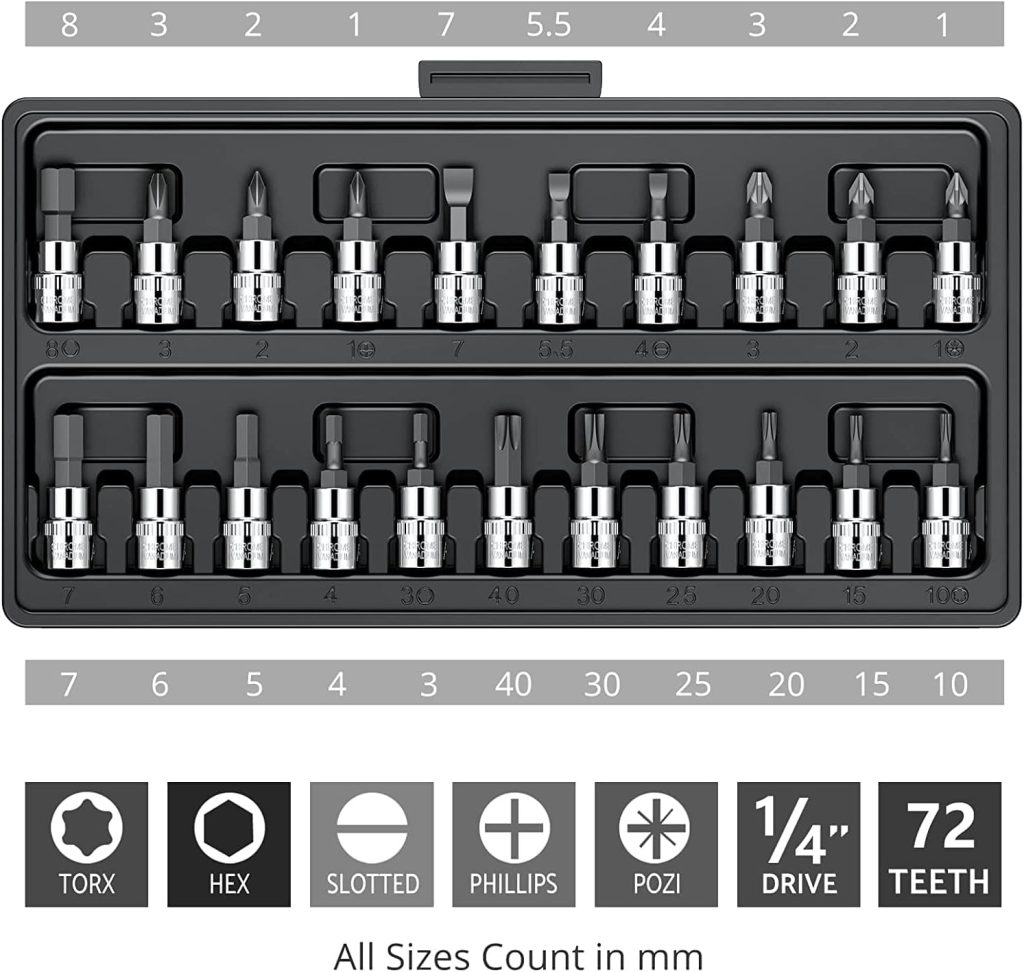 WAIZHIUA 46Pcs Socket Wrench Set, 1/4 Drive Socket Wrench Driver Bits Set Metric Tool Kit with Flexible Extension Rods, Quick Release Reversible Ratchet, Wrench Handle for Home Car Repair