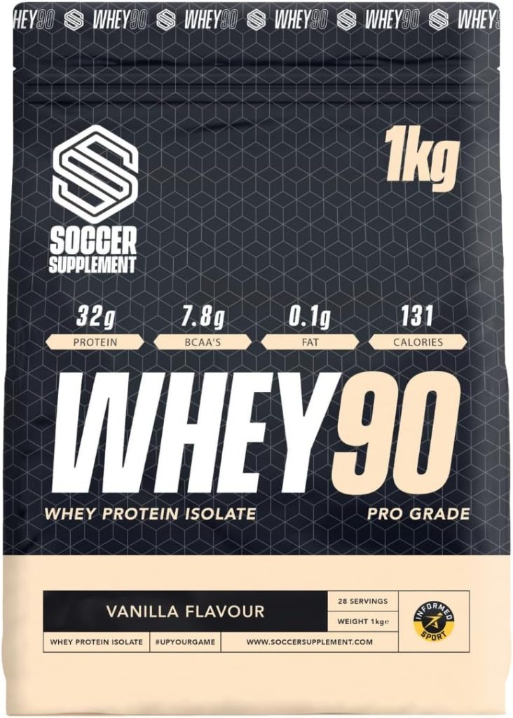 WHEY90® Pro Grade Whey Protein Isolate- by Soccer Supplement, 32 Grams of Protein Per Serving, Great Tasting Whey Protein Isolate, 0.1g of Fat  7.8g of BCAAs, Informed Sport Tested (Vanilla, 1kg)